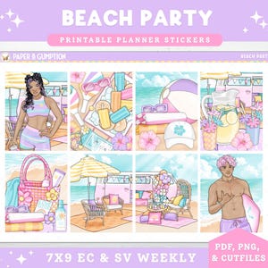 May include: A digital planner sticker sheet titled "Beach Party" with illustrations of beach scenes, people, and accessories. The sheet includes text that reads "Printable Planner Stickers", "Paper & Gumption", and "7X9 EC & SV Weekly".