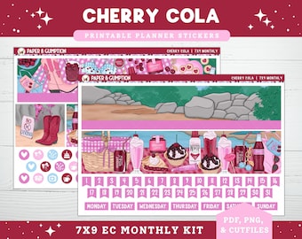 Pegatinas imprimibles para planificador EC 7X9, kit mensual, vista mensual de Cherry Cola, planificador de vida Erin Condren PNG, Cricut Cutfile, pegatinas para campamento de verano