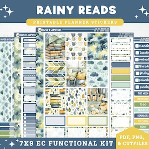 Peut inclure: Ensemble d'autocollants de planificateur imprimables avec un thème aquarelle. Le design présente des piles de livres, des tasses à café et des nuages de pluie dans des tons de bleu, vert et jaune. Le texte comprend "Rainy Reads".