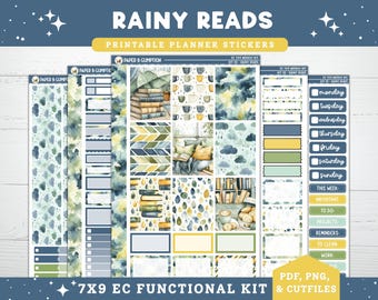 Spring Printable Planner Stickers, Rainy Reads, EC Weekly, Kit 38, for Erin Condren 7x9 Vertical & Hourly Layout, March April Books Reading