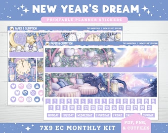 NYE Printable Planner Stickers, EC 7X9 Monthly Kit, New Years Eve Dream, January Monthly View, Erin Condren Planner, Fantasy Celestial Fairy