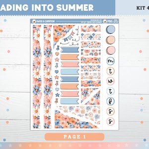 May include: A planner sticker kit with a floral theme. The kit includes decorative strips, labels, and day-of-the-week stickers. The color palette features soft blues, peaches, and whites, with the text "FADING INTO SUMMER" at the top.