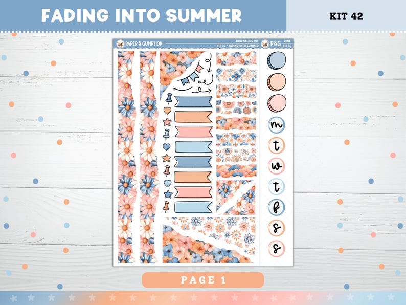 May include: A planner sticker kit with a floral theme. The kit includes decorative strips, labels, and day-of-the-week stickers. The color palette features soft blues, peaches, and whites, with the text "FADING INTO SUMMER" at the top.