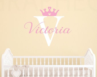 Princess Crown Personalized Name Wall Decal - Custom Girls Initial Name Princess Crown Monogram Sticker Sign Baby Nursery Room Wall Decor