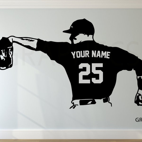 Baseball Pitcher Decal - Choose your NAME and NUMBERS Personalized Custom Baseball Player Vinyl Sticker Kids Bedroom
