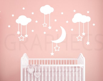 Moon and Stars Decal Sticker Celestial Wall Decal - Moon and Stars Clouds - Baby Room Decal - Nursery Decal - Bedroom Decor