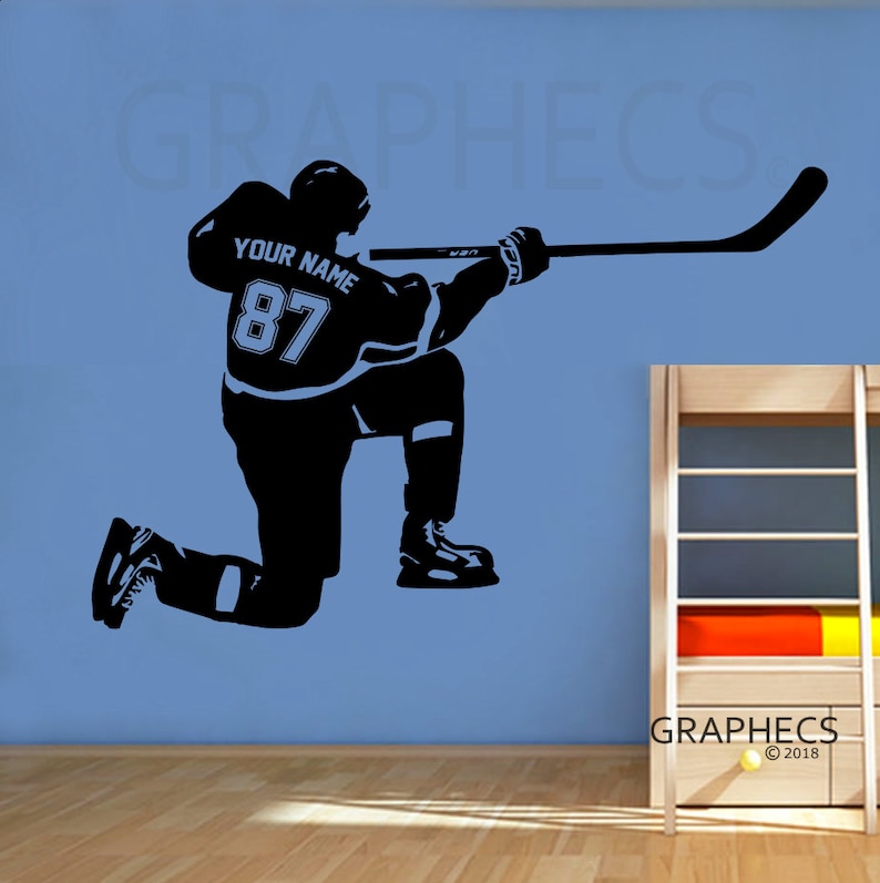 Custom NAME /& NUMBERS Custom Player Hockey Shot Vinyl Decal Sticker Kids Bedroom Decor Personalized Hockey Wall Decal