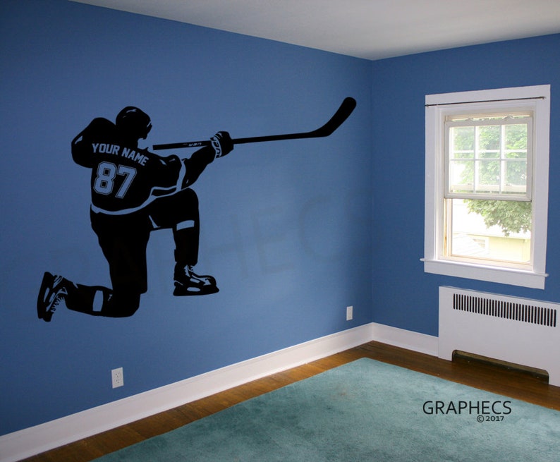 Custom NAME /& NUMBERS Custom Player Hockey Shot Vinyl Decal Sticker Kids Bedroom Decor Personalized Hockey Wall Decal