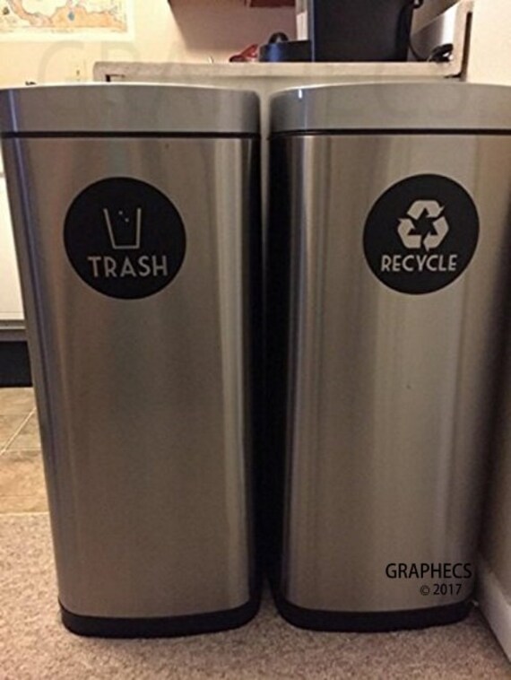 Recycle and Trash Vinyl Lettering Decal Sticker 4 x 4, Blue Recycle w/Black Trash Recycle and Trash Vinyl Lettering Decal Sticker 4 x 4, Blue Recycle w/Black Trash