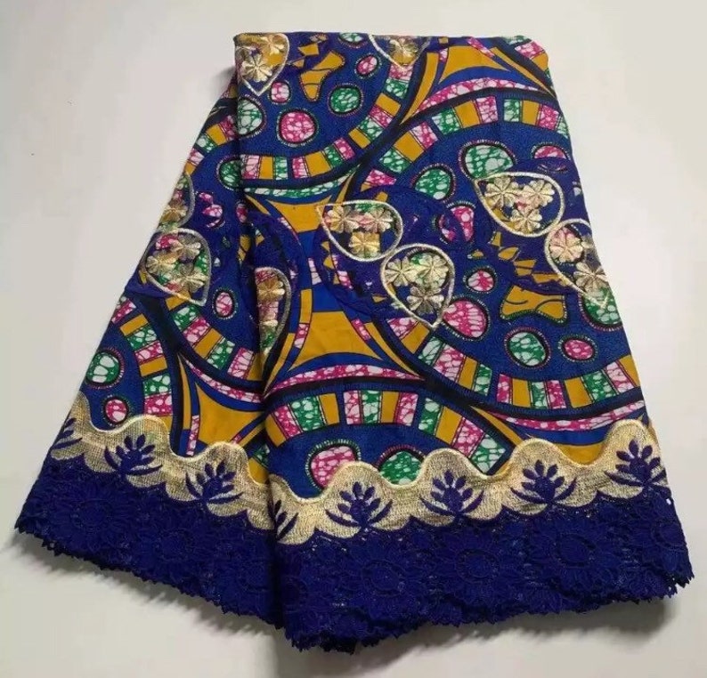 6 Yards 100% Cotton Ankara African Wax Print With Gold Embroider 6 Yards 100% Cotton Ankara African Wax Print With Gold Embroider