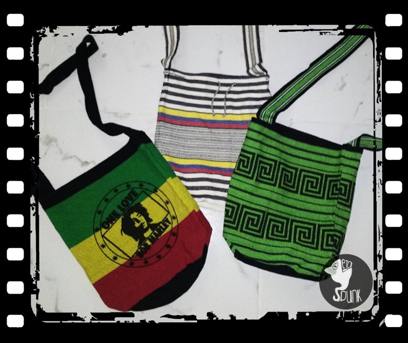 hand knitted Bob Marley stripe bag ethnic bag rasta prints hemp woven bag Hemp Shoulder Bags