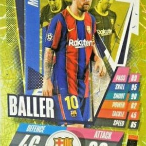 May include: A trading card featuring Lionel Messi in a blue and red soccer jersey with the Rakuten logo. The card includes player statistics for Pass, Skill, Shoot, Power, Tackle, and Speed. The card also has the text "BALLER" and "10".