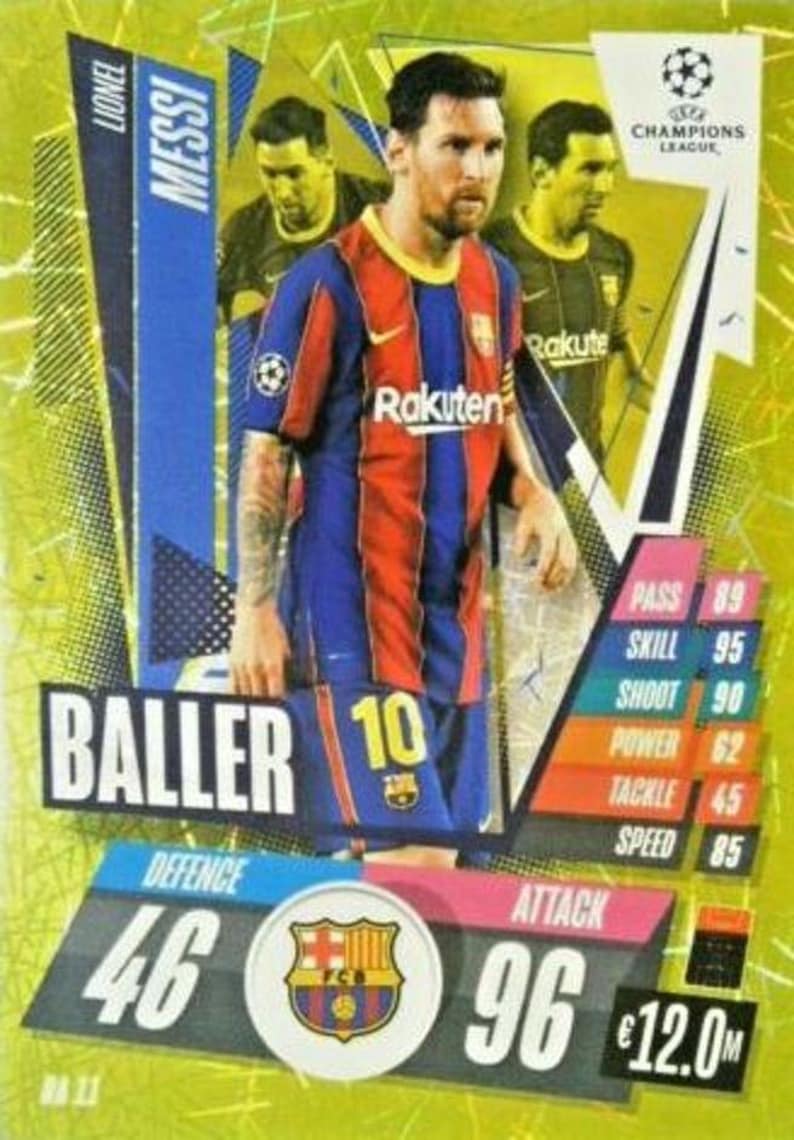 May include: A trading card featuring Lionel Messi in a blue and red soccer jersey with the Rakuten logo. The card includes player statistics for Pass, Skill, Shoot, Power, Tackle, and Speed. The card also has the text "BALLER" and "10".