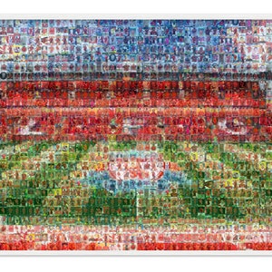Anfield Football Stadium Mosaic Wall Art Print gemaakt van meer dan 300 afbeeldingen van Liverpool-spelerskaarten! Kaarten sluiten Stadionweergave terug.