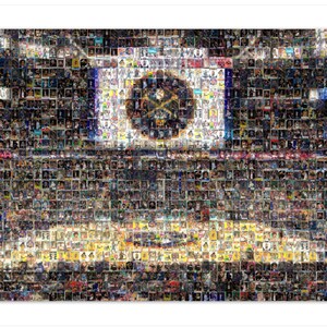 Impression d'art mural mosaïque de basket-ball Denver Nuggets représentant l'arène de balle à partir de plus de 250 images de cartes de joueur des Nuggets. Cadeau de Noël et décoration de mancave/bureau !