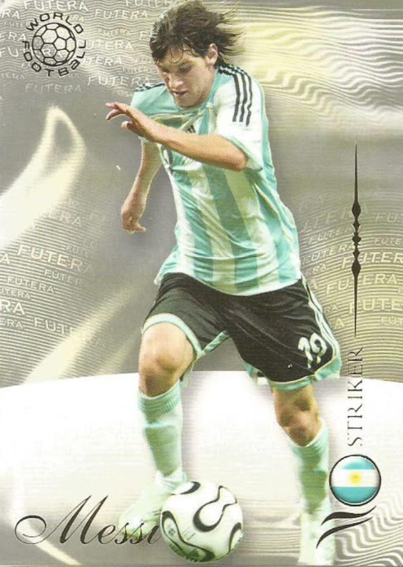 May include: A trading card featuring a soccer player in an Argentina jersey, number 10. The player is dribbling a soccer ball. The card has the Futera World Football logo and the word "Striker". The player's name "Messi" is at the bottom.