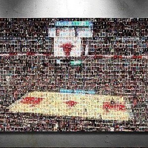 Impression d'art mural mosaïque de basket-ball des Chicago Bulls du United Center de plus de 300 images de cartes de joueur ! Cadeau pour la fête des pères et décoration de cave/bureau !
