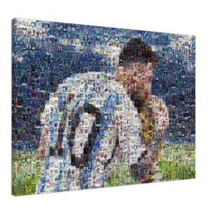 May include: A canvas print featuring a mosaic portrait of a person in a white jersey. The artwork is composed of numerous small images, creating a detailed and textured effect. The background includes shades of blue and green.