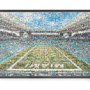 Impression d'art mural mosaïque des dauphins de Miami du stade Hard Rock faite à partir de plus de 230 images de cartes de joueurs ! Excellent cadeau et décoration de mancave/bureau !