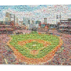Impression d'art mural mosaïque des Cardinals de Saint-Louis du Busch Stadium à partir de plus de 370 images de cartes de joueur ! Un super cadeau pour la fête des pères !