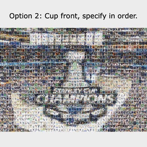 May include: A mosaic image of the Stanley Cup trophy, made up of hundreds of small photos of hockey players. The trophy is silver and has the words "Stanley Cup" engraved on it.