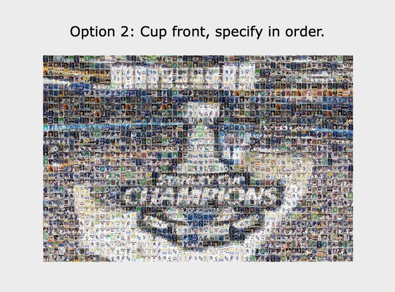 May include: A mosaic image of the Stanley Cup trophy, made up of hundreds of small photos of hockey players. The trophy is silver and has the words "Stanley Cup" engraved on it.