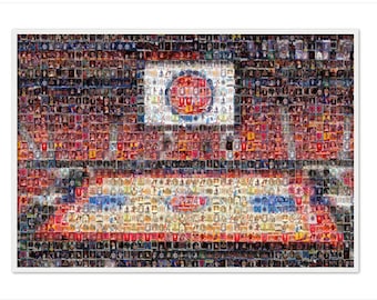 Detroit Pistons Basketball Mosaic Wall Art Print of Little Caesers Arena from 200+ Pistons Player Cards.  Great Christmas Gift!