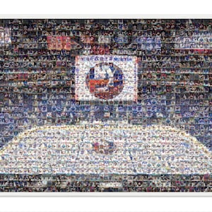 Impression d'art mural mosaïque des Islanders de New York de l'UBS Arena de plus de 180 images de cartes de joueur ! Cadeau pour la fête des pères et décoration de bureau/homme des cavernes !