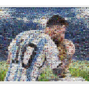 Impressão de parede em mosaico da Copa do Mundo de Lionel Messi com o troféu beijando, feita com mais de 120 imagens de seus cartões! Pôster ou impressão para presente da Copa do Mundo!