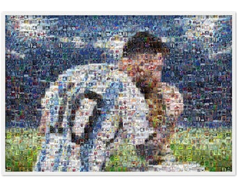 Lionel Messi World Cup Mosaic Wall Art Print of Messi kissing trophy made from over 120 of his card images! poster or print World Cup gift!