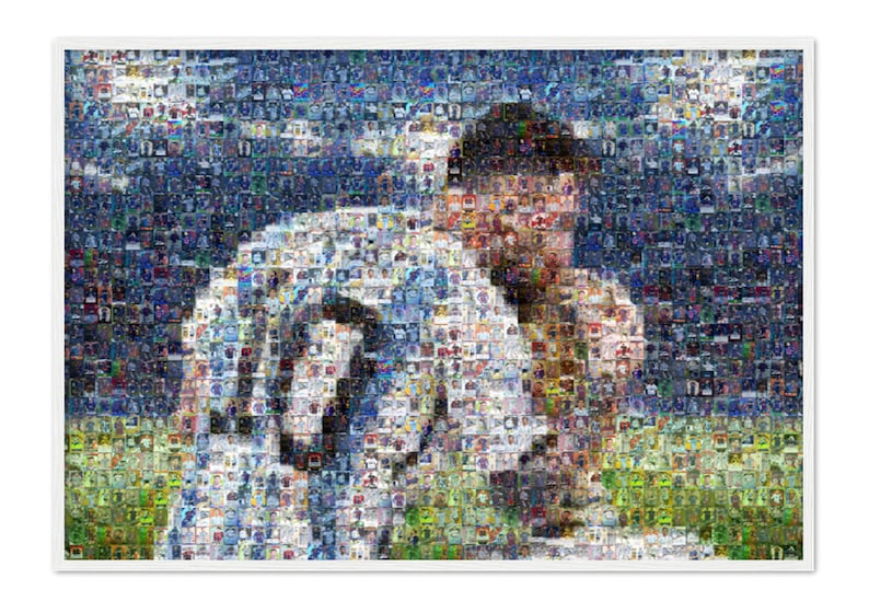 Lionel Messi Mosaic Art Rendering of Messi and the World Cup made from his Player Card Images. Argentina World Cup with Messi kissing cup. Print available in Poster, Frame, Canvas, Metal or Acrylic.