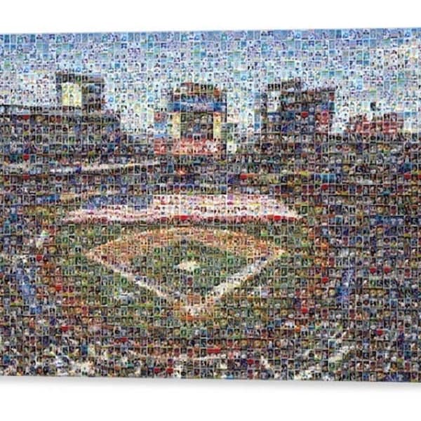 Impressão artística em mosaico do Citi Field, Nova York: Estádio com imagens de cartões de jogadores do time - Presente para o Dia dos Pais!