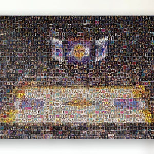 Impression d'art mural mosaïque de basket-ball des Los Angeles Lakers du Crypto.com Center. Fabriqué à partir de plus de 230 images de cartes ! Un super cadeau pour la fête des pères !