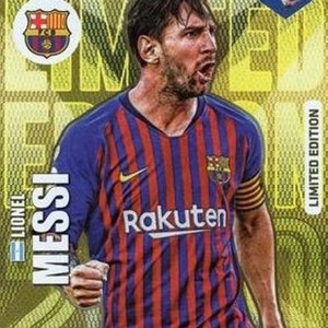 May include: A limited edition FIFA 365 trading card featuring Lionel Messi in a blue and red striped jersey with the Rakuten logo. The card has a Barcelona team crest and the FIFA 365 logo.
