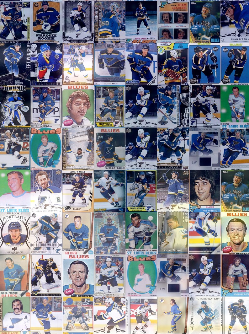 May include: A collage of trading cards featuring St. Louis Blues hockey players. The cards are arranged in a grid pattern and feature a variety of players from different eras. The cards are all in mint condition and would be a great addition to any hockey fan's collection.