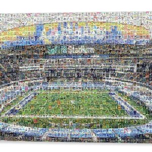 Impression d'art mural en mosaïque des Rams de Los Angeles du SoFi Stadium composée de plus de 300 images de cartes de joueurs passés et présents ! Superbe cadeau sur toile ou impression.