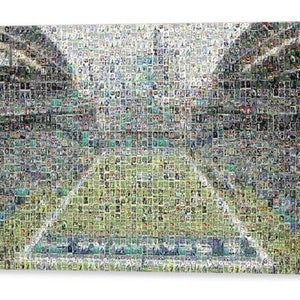 Impression d'art mural mosaïque Seahawks de Seattle du stade CenturyLink composée de plus de 220 images de cartes de joueur Seahawk ! Un super cadeau pour la fête des pères !