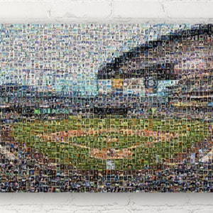 Impression d'art mural mosaïque des Mariners de Seattle de T-Mobile Park composée de plus de 240 images de cartes de joueur Mariner ! Un super cadeau pour la fête des pères !