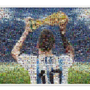 Lionel Messi Fußball-WM Mosaik Wandkunst Druck von Messi mit Trophäe aus über 120 seiner Kartenbilder! Tolles Vatertags-Geschenk!