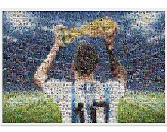 Lionel Messi World Cup Mosaic Wall Art Print of Messi holding trophy made from over 120 of his card images! poster or print World Cup gift!
