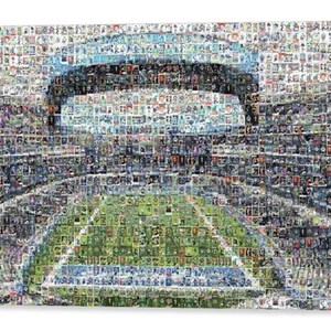 Impression d'art mural mosaïque Chargers de Los Angeles du SoFi Stadium composée de plus de 300 images de cartes de joueur ! Cadeau pour la fête des pères et décoration de cave/bureau !