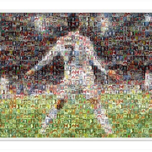 Impresión de mosaico de Cristiano Ronaldo hecha con imágenes de sus cartas. Rinde homenaje a Ronaldo con esta impresión en póster, lienzo, aluminio y acrílico.