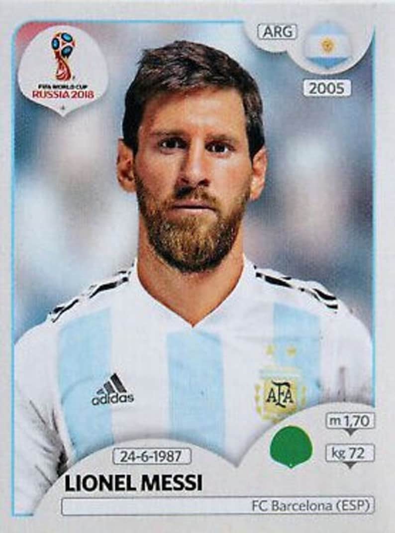 May include: A trading card featuring Lionel Messi, with the FIFA World Cup Russia 2018 logo. The card includes Messi's name, date of birth, and measurements: 1.70 meters tall and 72 kilograms. The card also has the Adidas logo.