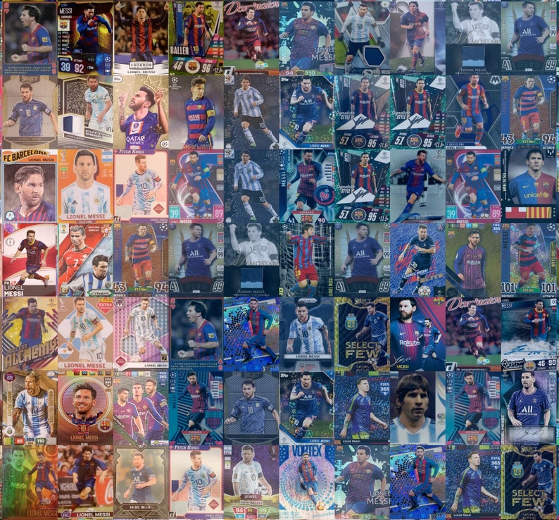 May include: A collection of soccer trading cards featuring Lionel Messi in various poses and team uniforms. The cards display vibrant colors and include text such as "Messi", "FC Barcelona", and card numbers. The cards are arranged in a grid.