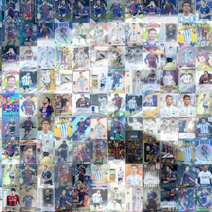 May include: A collection of soccer trading cards featuring Lionel Messi in various poses and team uniforms. The cards display action shots, portraits, and autographs, with some cards having the text "HEADLINERS", "LEGENDS", and "VORTEX". The cards are in various colors.