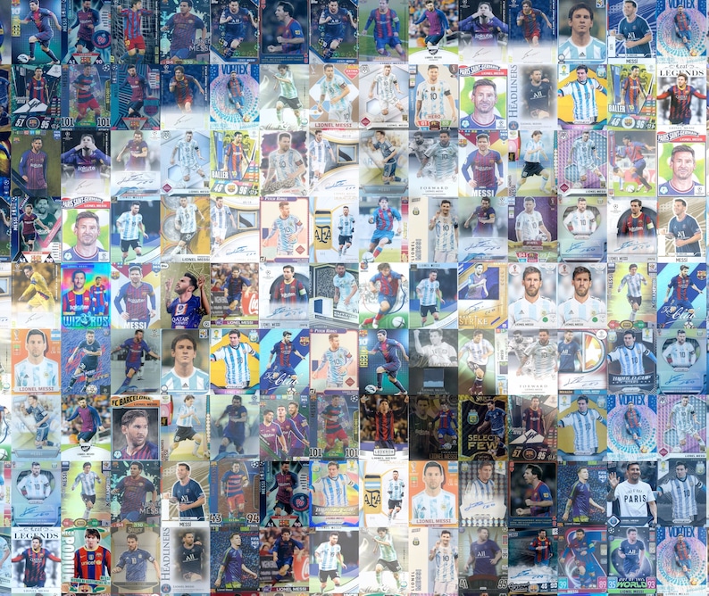 May include: A collection of soccer trading cards featuring Lionel Messi in various poses and team uniforms. The cards display action shots, portraits, and autographs, with some cards having the text "HEADLINERS", "LEGENDS", and "VORTEX". The cards are in various colors.