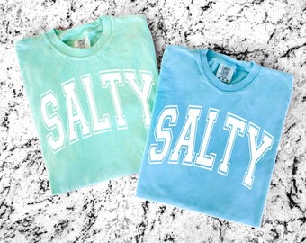May include: Two t-shirts, one light teal and one light blue, are displayed on a speckled white and gray surface. Each shirt has the word "SALTY" printed in large, white, collegiate-style letters across the front.