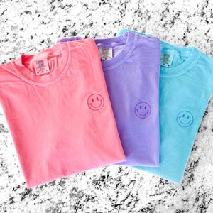 Embroidered Smiley Face Shirt // Neon Happy Face Shirt // Comfort Colors