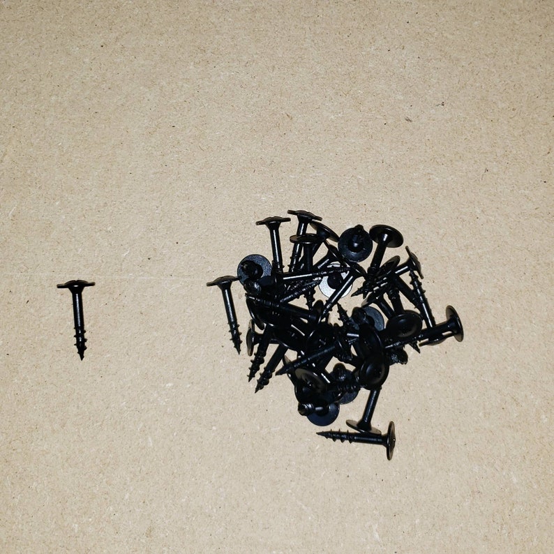 May include: A pile of black screws with a flat head and a washer on the underside. There is one screw to the left of the pile.