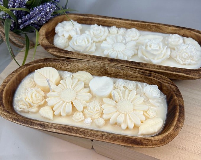 Featured listing image: Floral Embed Wood Bowl Natural Soy Wax Candle